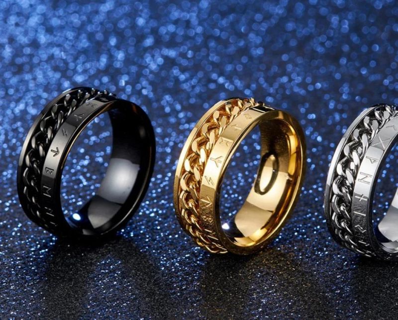 Titanium Steel Viking Text Chain Ring Rotatable Viking Gold-Plated Personality Culture Ring SSR2336g