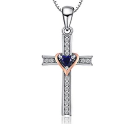 Created Sapphire Pendants Cross Love Heart 925 Sterling Silver Pendants Necklace Wholesale