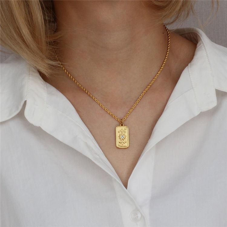 Factory Customized Fashion Jewelry Waterproof Cuban Chain 18K Gold-Plated Stainless Steel Square Pendant Sun Carved Necklace Jewelry