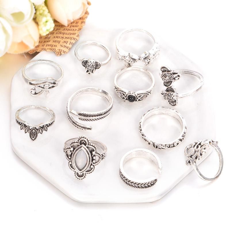 Vintage Elephant Leaf Ring Set Combination 11PCS Knuckle Set