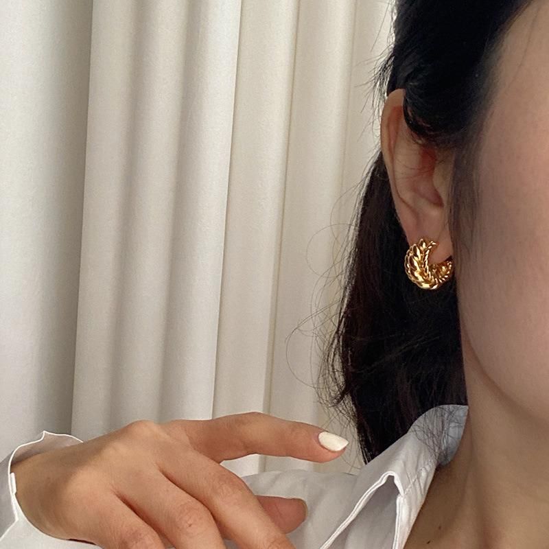Manufacturer Custom Brass Braid Pattern C Stud Hoop Earrings in 18K Gold Twisted Double Sides Hoop Bijoux