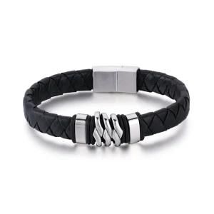 Fashion Stainless Steel Weave Leather Bracelet Bangles with Charms