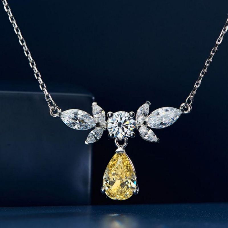 Luxurious Yellow Diamond Costume Jewelry Pendant Necklaces 925 Sterling Silver Water Drop 5A Zircon Necklace