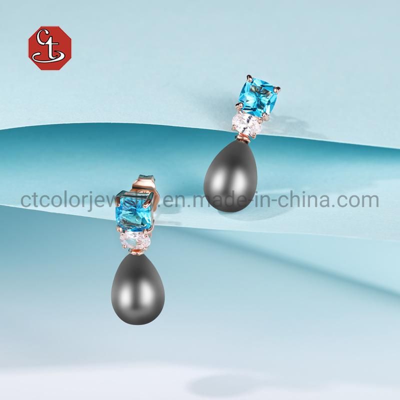 Fashion18K Rose Gold  Earrings Jewelry Blue CZ and Black Pearl Earrings