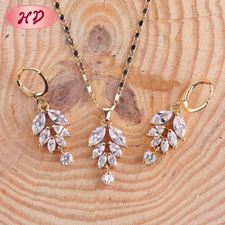 Fashion Wedding Alloy Silver Gold Plated Necklace Earring Ring Jewelry Set with Crystal CZ Pearl