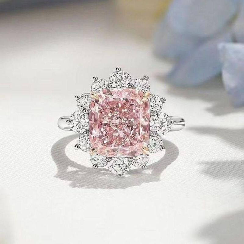 Wholesale Jewelry High Quality Lucky Pink Zircon Flower Diamond Leaf Zircon Women Ring Silver Jewelry