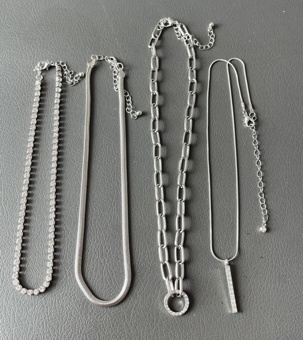 Wholesale Best Seller 4 Rows Jewelry Crystal Cupchain Textured Link Chain Flat Snake Chain with Pave Bar Pendant Multiple Necklace for Women Accessories
