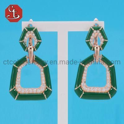 Fashion Geometric Silver or Brass Earring Sterling 925 Silver Jewelry for Women Green Enamel Jewelry