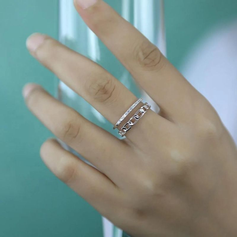 925 Sterling Silver Ring Minimalist Chain Style Multi-Layer Zircon Adjustable Ring Women Wedding Jewelry