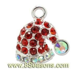 Silver Plated Red Rhinestone Christmas Santa&prime;s Hat Charms Pendants 19x18mm (3/4&quot;x3/8&quot;) (B15945)