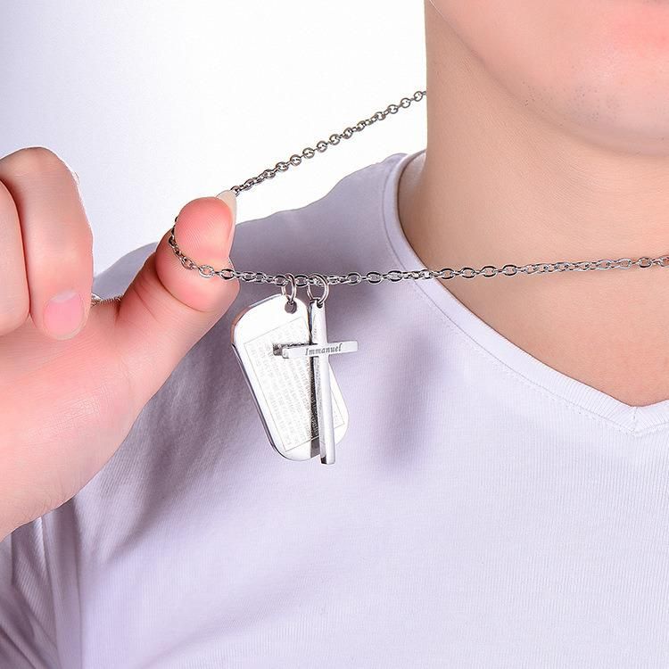 Titanium Steel Men′s Necklace Bible Tag Cross Jesus Pendant