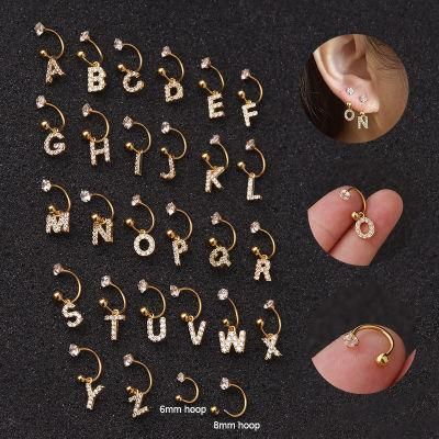 316L Surgical Steel Earring Stud with Brass Letters Inlaid CZ Body Piercing Jewelry (6mm, 8mm)