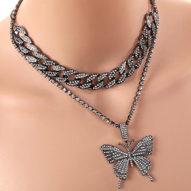 Double Layer Big Butterfly Pendant Necklace Full Rhinestone Women Jewelry