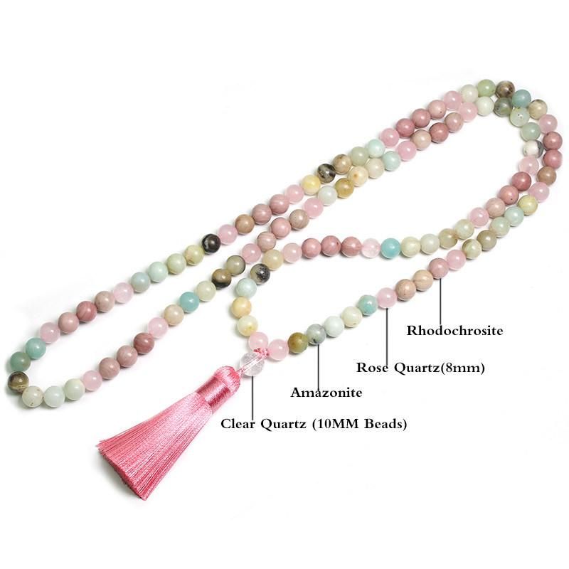 Natural 8mm Rhodochrosite Amazonite Beads Necklace Peaceful Heart 108 Bead Mala Jewelry Buddha Prayer Bracelet Necklace