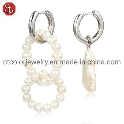 Fashion Jewelry Silver Earring with Freshwater Pearl double Drop Design Hoop Earring