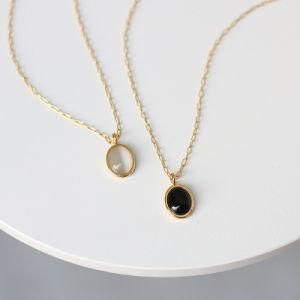 Glossy Oval Black Agate Opal Gemstone Pendant Necklace