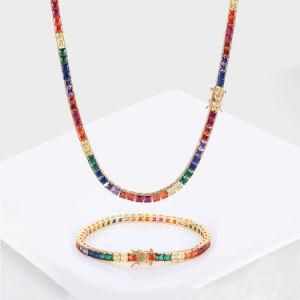 Simple Hip Hop Jewelry 4mm Color Tennis Chain Copper Inlaid Color Square Zircon Trendy Bracelet Necklace