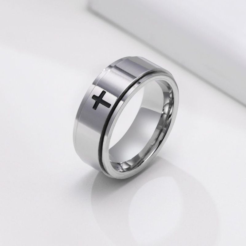 Stainless Steel Laser Corrosion Cross Turnable Rings Spinner Rings for Men Rotating Finger Jewelry Wholesale SSR2589