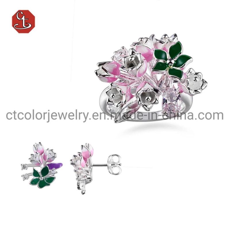 S925 Silver Jewelry Ring with Enamel Flower Rings