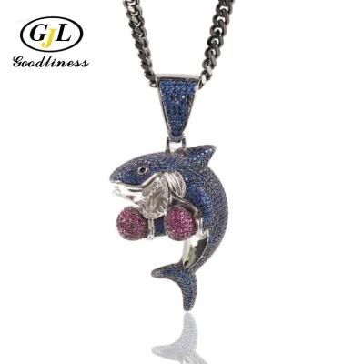 Fashion Hip Hop Jewelry Boxingsharkpendant Blue Zircon Necklace Pendant