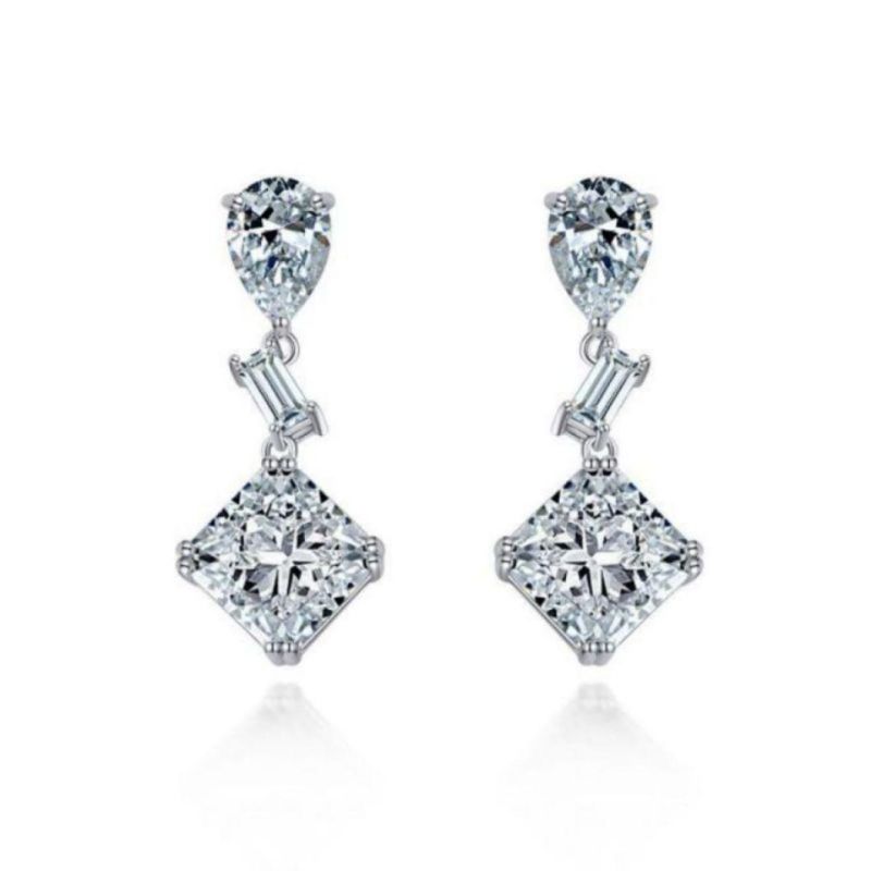 China Wholesale S925 Sterling Silver Square Shape High Carbon Diamond Rhodium Plated Woman Drop Dangler Earrings