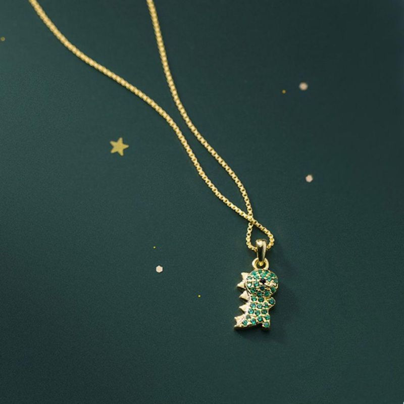 925 Sterling Silver Cute Dinosaur Green Zircon Pendant Clavicle Chain Necklace Women Girls Fashion Jewelry