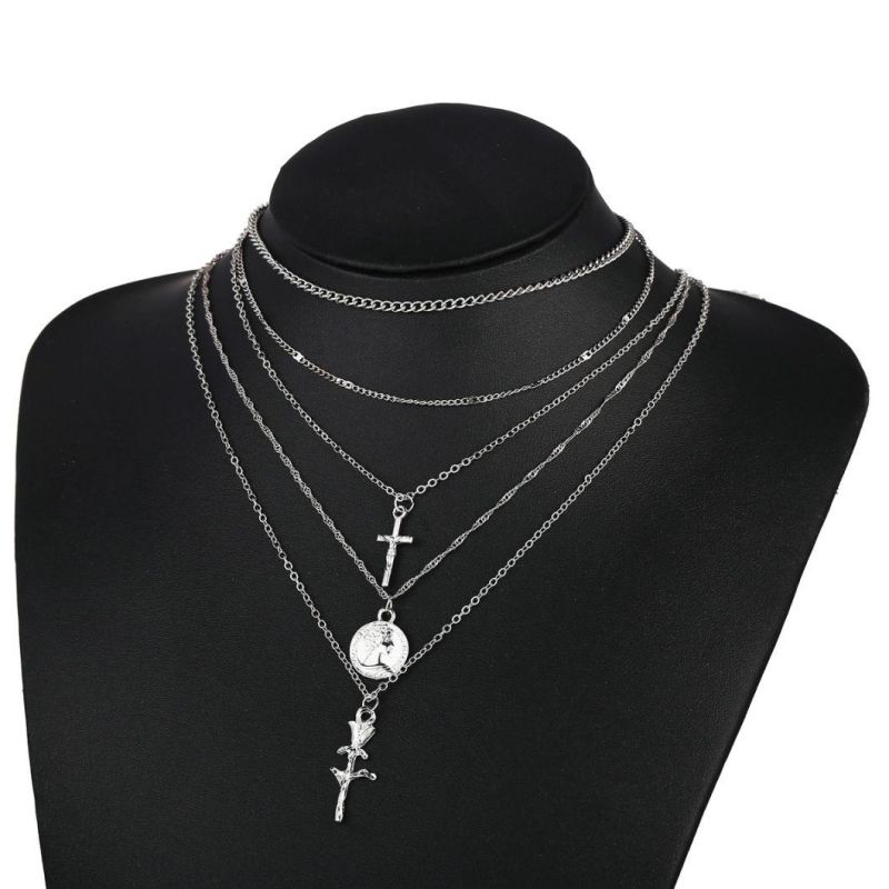 Cross-Border Creative Retro New Fashion Cross Rose Multilayer 5 Layer Necklace Women