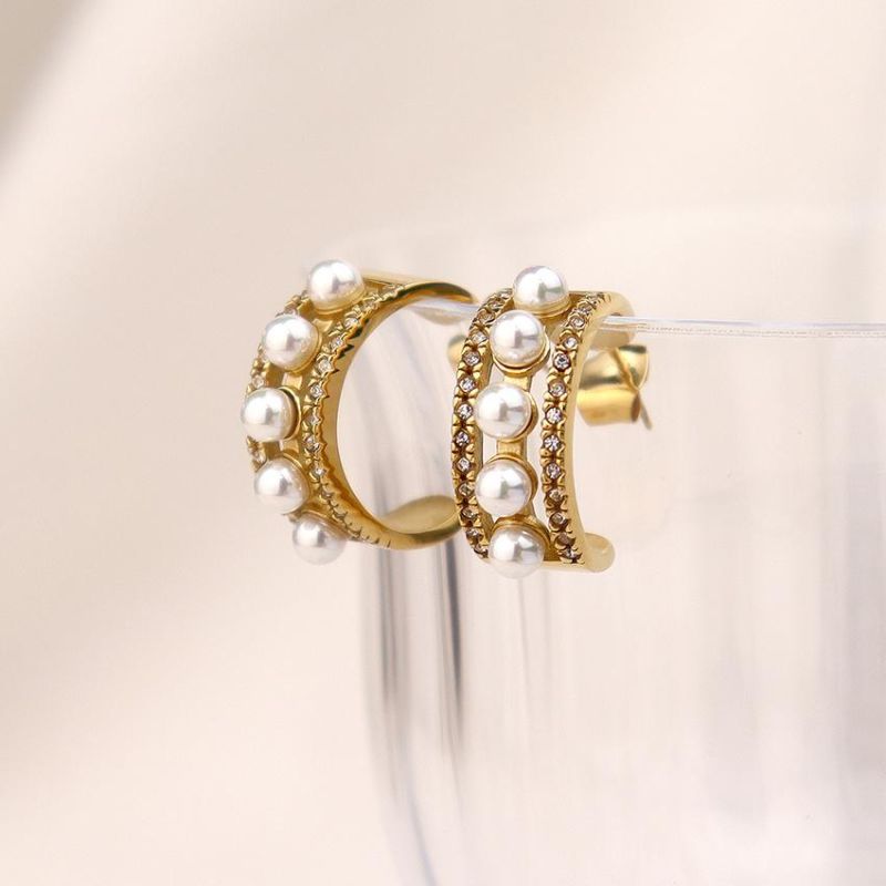 3 Designs Stainless Steel Cubic Zircon Twisted Wide Chunky Hoop Earrings 18K Gold Plated Pearl Earrings Statement Jewelry 2022