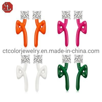 925 Sterling Silver CZ Earrings Color Enamel Dripping Oil Earring