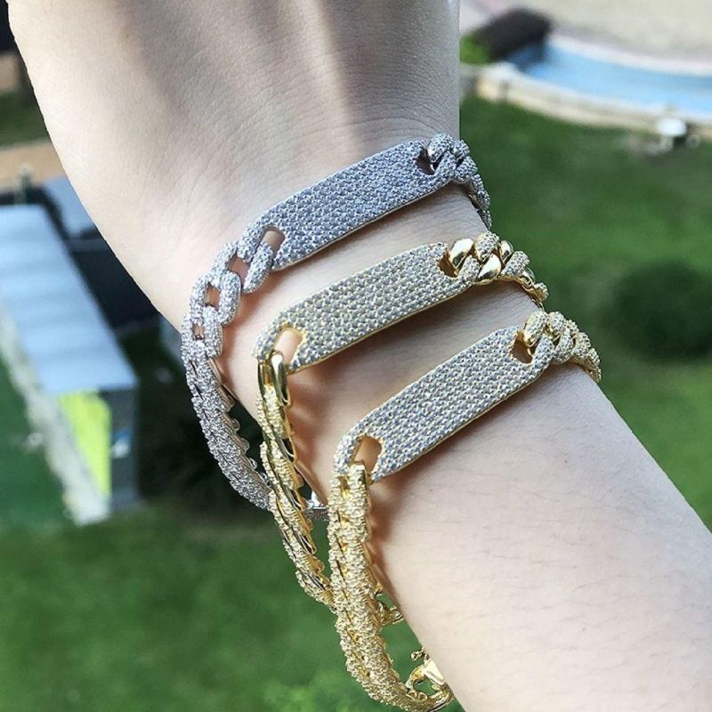Fashion Hip-Hop Bracelet 18K Gold Plated Diamond Iced out Cuban Link Chain 925 Silver Bracelet with Buckle for Men and Women