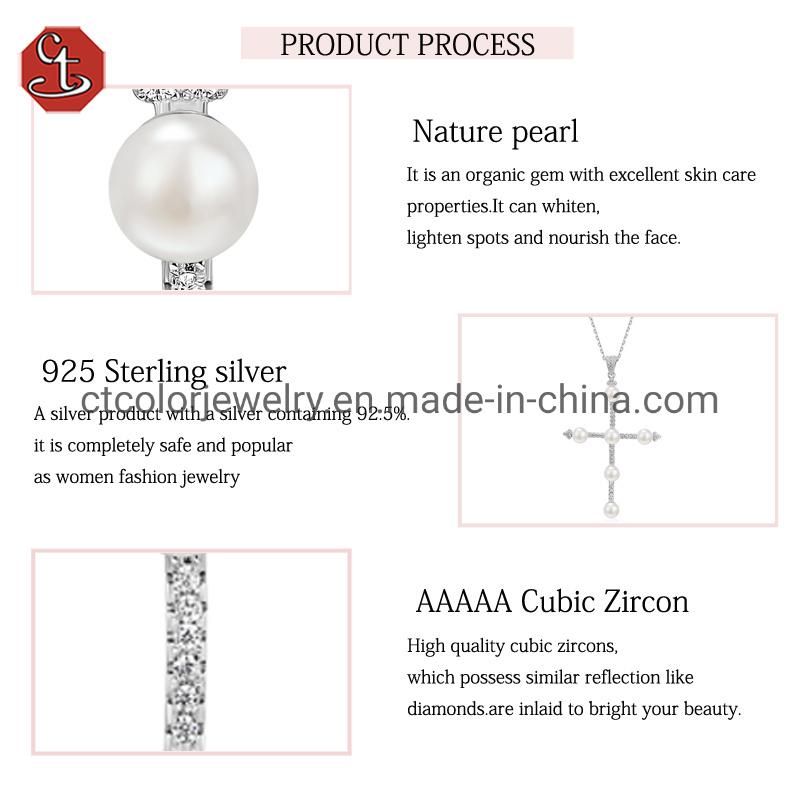 Wholesale fashion 925 silver cross shape 5A CZ nature pearl jewelry necklace