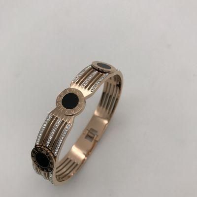 12mm Wide Stainless Steel Roman Numerals Zircon Cuff Bangle Rose Gold Plated Bracelet