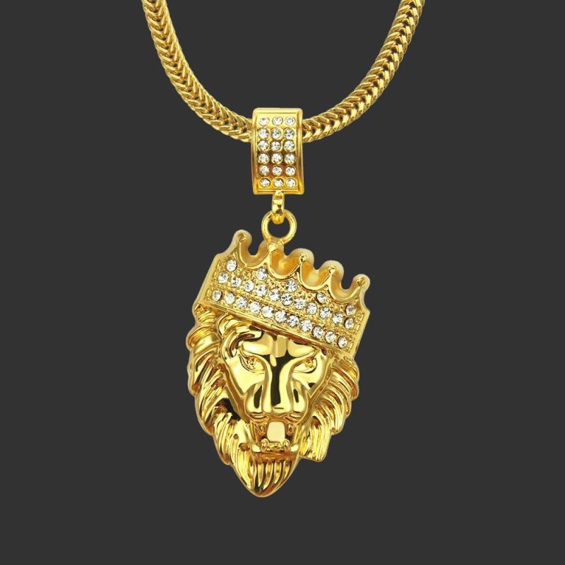 Cool Hiphop Gold Lion Head Charm Pendant Necklace for Men