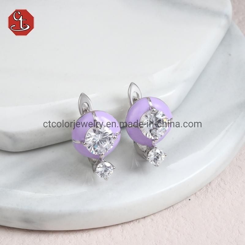 Fashion Jewelry White cz, Rose Rhodium plated Glass purple enamel Earrings
