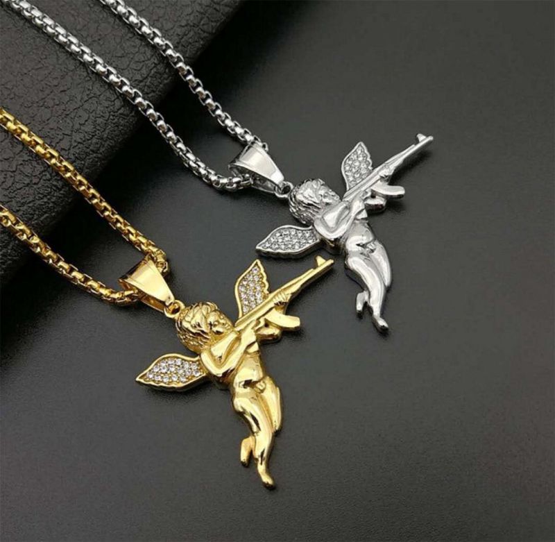 Hot-Selling New Hip-Hop Hiphop Jewelry Titanium Steel Gold-Plated Diamond Revenge Angel Ak47 Pendant Spt2617