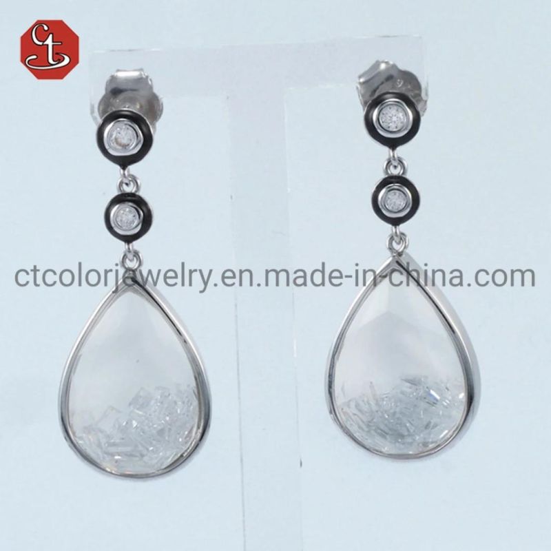 White Black Color Enamel Silver or Brass Jewelry White CZ Double Ball Earrings Fashion Dangle Jewelry