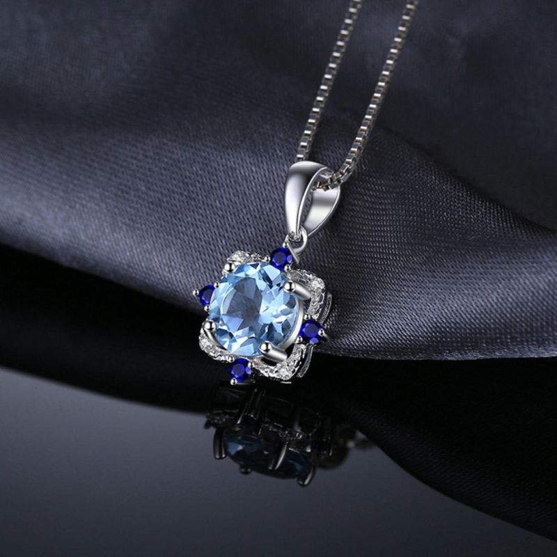 Sky Blue Topaz Created Blue Sapphire Cluster Pendant 925 Sterling Silver Classic Jewelry