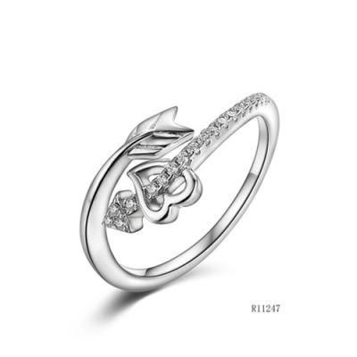 Leafbud&amp; Heart Sterling Silver with CZ Leaf Open Ring