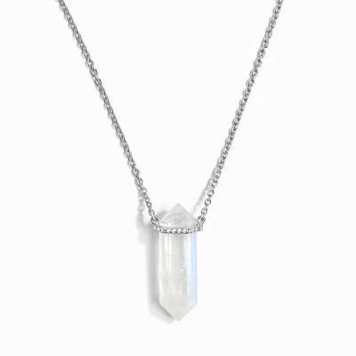 S925 Sterling Silver Hexagon Pillar Crystal Moonstone Charm Necklace
