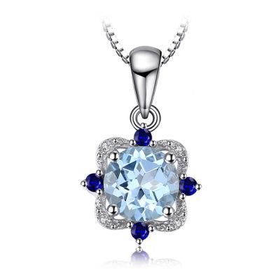 Sky Blue Topaz Created Blue Sapphire Cluster Pendant 925 Sterling Silver Classic Jewelry