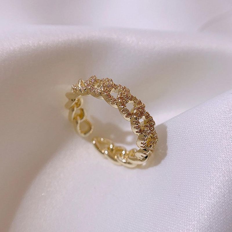 Real 18K Gold Plated Rhinestone Chunky Chain Finger Open Ring Pave Diamond Adjustable Chain Rings