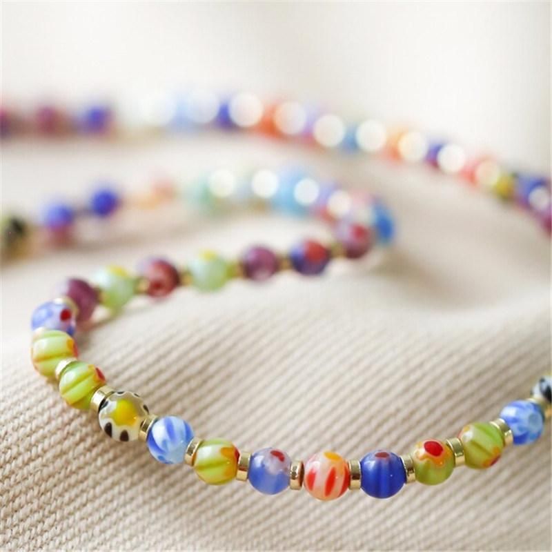 Long Colourful Mixed Beads Necklace in Gold Plated for Women Bohemian Rainbow Beaded Ethnic Necklace Jewelry