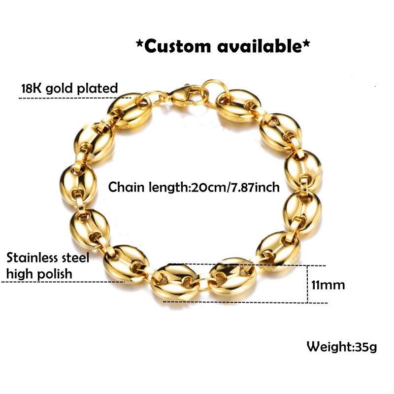 Stainless Steel Coffee Bean Bracelet 18K Gold Plated Daily Chain for Women Men Jewelry