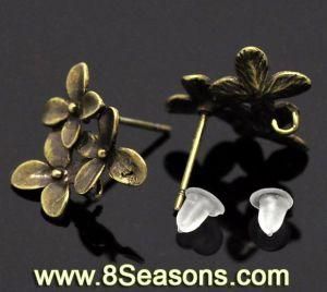 Antique Bronze Flower Earring Post W/ Stoppers&Loop 15x14mm (B15983)