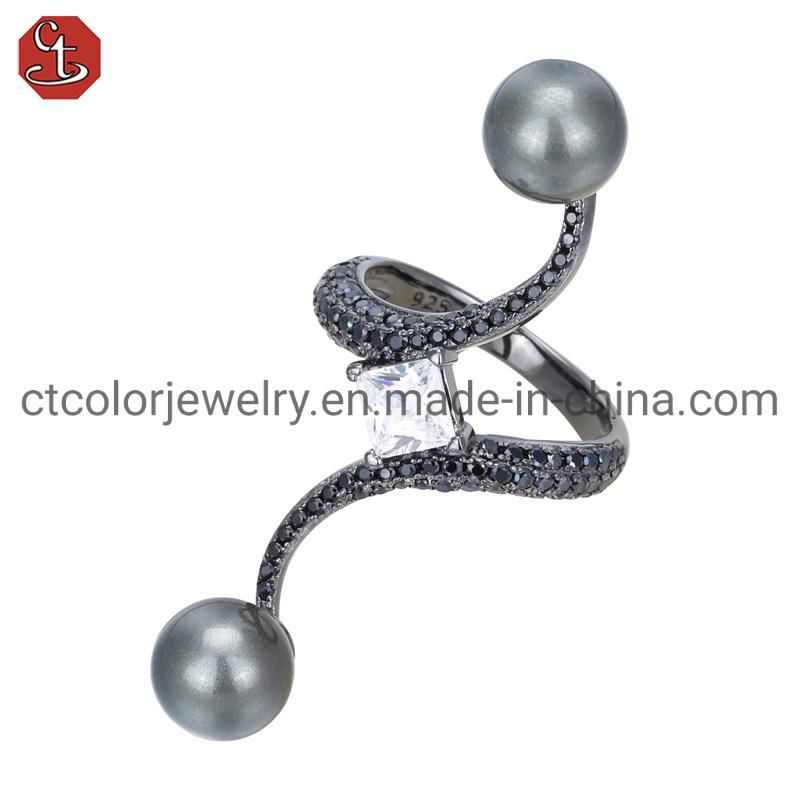 Fashion Jewelry 925 Sterling Silver Black Plated Jewellery Open Ring with Shell Pearl
