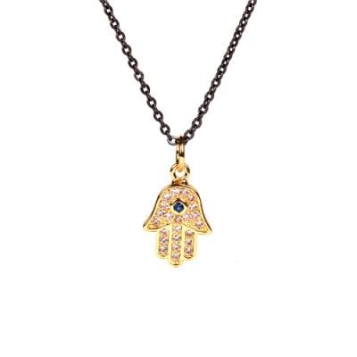 Gun Plated Black Chain with Brass Hamsa Pendant Blue Stones Evil Eye Necklace