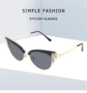 Vintage Cat Eye Rhinestone Decoration Metal Half Frame Luxury Sunglass