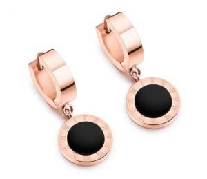 Black Single-Sided Roman Numerals Simple Round Circle Earrings Titanium Steel Rose Gold Color Lady Women Hoop Earrings