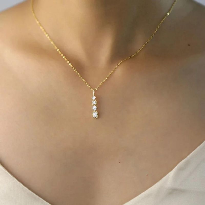 25 Sterling Silver Square Bar Zircon Pendant 14K Gold Plated Necklace Women Light Luxury Fashion Jewelry