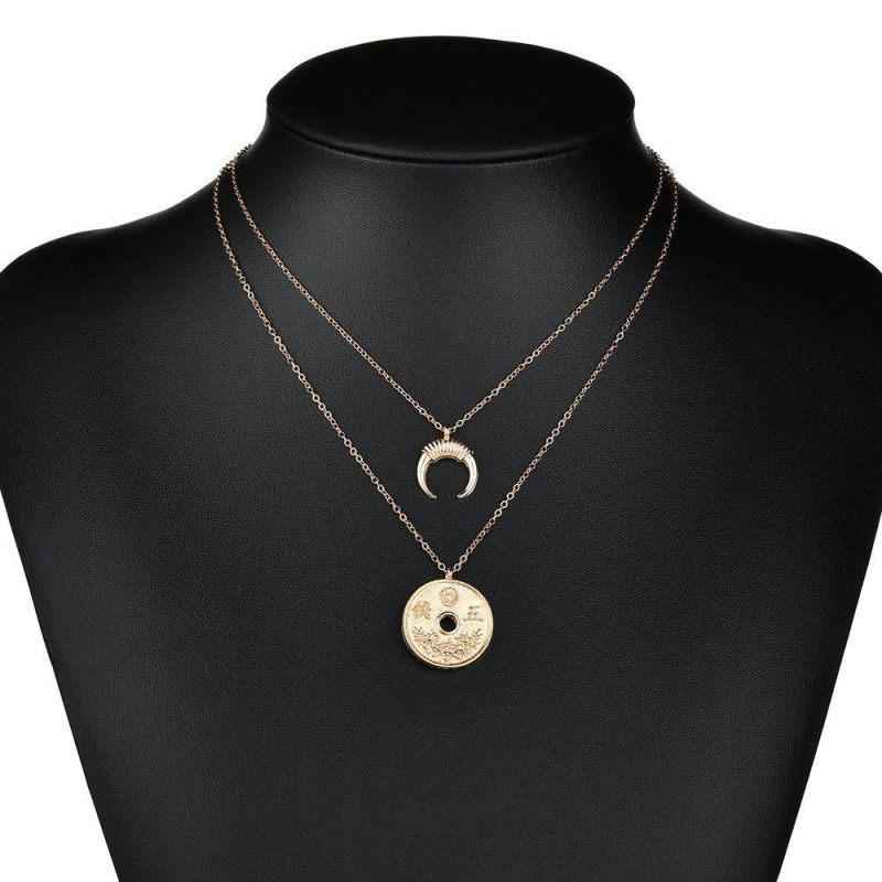 Simple Fashion Jewelry Women Multi Layer Choker Long Necklace with Moon and Icon Charm